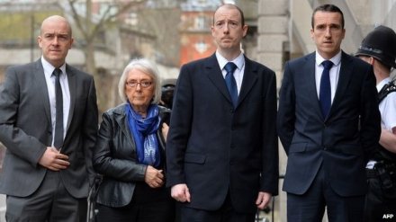 PC Blakelock's sons (left-right) Lee, Kevin and Mark, outside the court with their mother Elizabeth Johnson